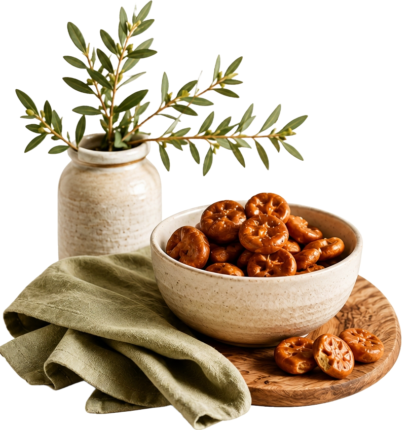 A warm ceramic bowl of pretzels with olive branches